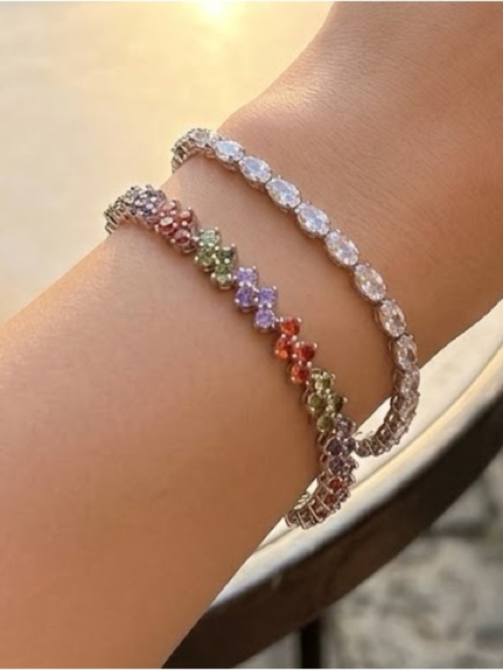 New Gold Filled Sparkling Multicolor & Clear CZ Tennis Bracelet Set - 7”